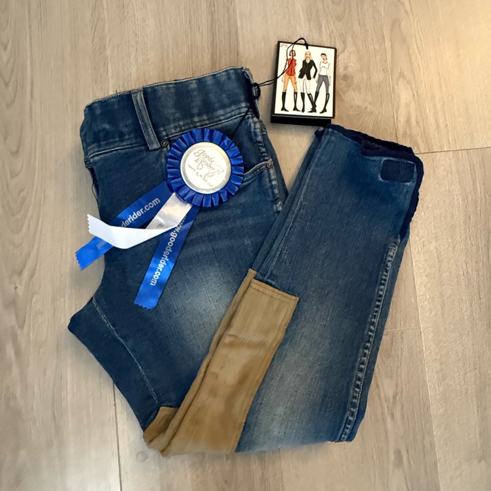 Classic Dark Blue Women's Skinny Jeans with Tan Knee Patch